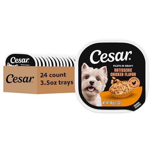 Image of Cesar Filets in Gravy Wet Dog Food, Rotisserie Chicken, 3.5 oz, 24 Count | Real chicken #1 ingredient, easy to digest, no fillers or artificial flavors, can be used as food topper, easy peel trays