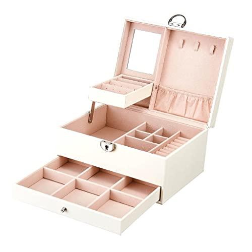 MINJING Caja de almacenamiento, organizador de joyas, organizador de joyas, caja de joyería de cuero de 2 capas con espejo, aretes, anillos, regalo para mujeres y niñas, estuche de joyería de cristal