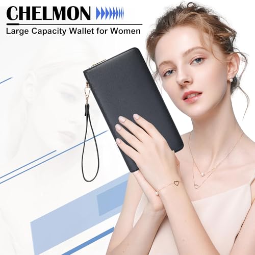 Image of Chelmon Womens Wallet Genuine Leather RFID Blocking Purse Credit Card Clutch (CH Black)