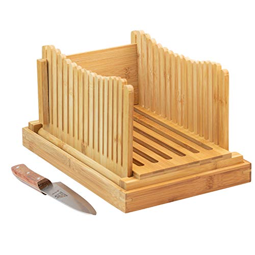 Eon Concepts Bamboo Bread Slicer - Adjustable & Foldable Cutting Guide with Bread Knife for Homemade Bread and Bagels - Compact Design With Crumb Catcher Tray…