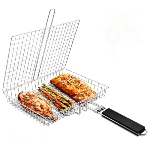Grill Basket - Stainless Steel Large Folding Grilling baskets With Handle, Portable Outdoor Camping BBQ Rack for Fish, Shrimp, Vegetables, Barbeque Griller Cooking Accessories