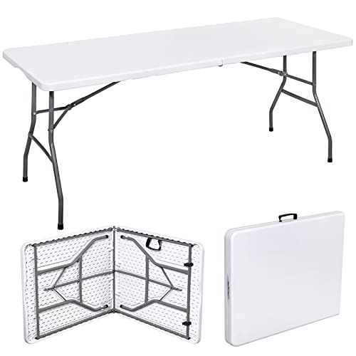 Vivo Technologies 6ft Trestle Table Indoor Outdoor Garden Catering Folding Table with Handle Plastic Picnic Garden Foldable Portable Plastic Table for Picnic Party Dinner Camping Hiking White