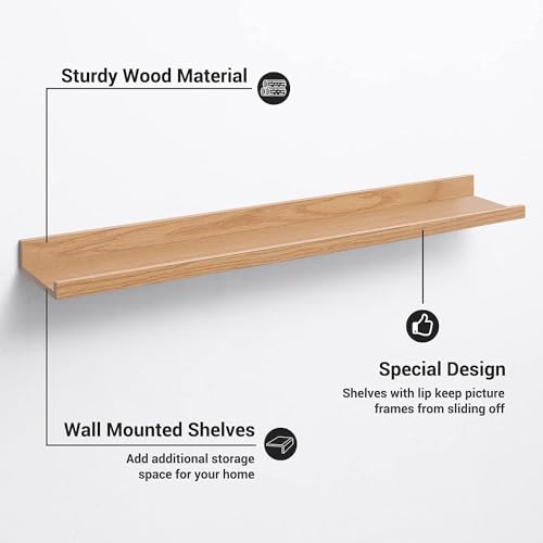 Image of Wooden Floating Wall Shelves Set of 3 for Living Room & Bedroom | Modern Wall Mounted Display Rack for Decor, Photo Frames, Plants & Storage (Natural, 35 Inch)