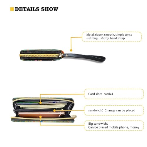 Women's Zip Around Wallet Wristlet PU Leather Waterproof Clutch Wallet Large Capacity Credit Card Holder Travel Business Dating Coin,Cash Pocket, Black Cat Floral Butterfly Green Print4