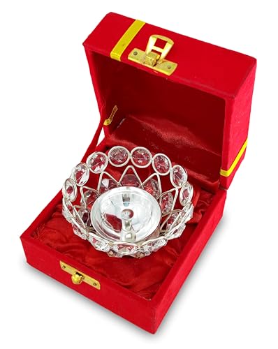 NOBILITY Gold Crystal Diya with Blue Velvet Gift Box Home Decoration Chrystal Piyali Dia Pooja Items Puja Gifts Handmade Oil Lamp Traditional Indian Dhanteras Deepawali Diwali Gift Items 6 Pcs