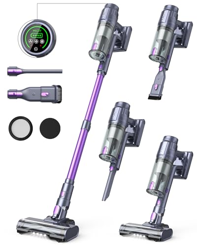 MIUZZY Aspirapolvere Senza Fili, Scopa Elettrica Senza Fili Potente 50Min 3 Modalità Leggera e Indipendente Touch Screen LED Anti-Avvolgimento Ideale per Peli Animali Pavimenti e Tappeti (viola)