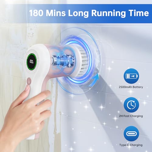 Image of PUFTEM Electric Spin, Cordless Shower Scrubber with Battery Level Display, 2 Speeds Electric Scrubber for Cleaning with 6 Replaceable Heads, (Pink)