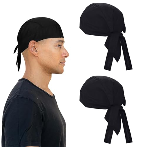 Paquete de 2 gorros de chef negros para adultos con correa ajustable, gorro de chef unisex para cocina debajo del casco, bandana para cocinar, pirata, senderismo, ciclismo, motocicleta y barco