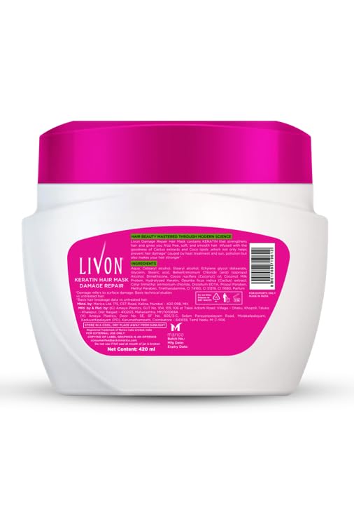 Livon Hair Mask Damage Repair | Repairs Damage, Controls Frizz | Infused with Keratin for Stronger, Smoother, Shinier Hair | 15.2 Fl Oz