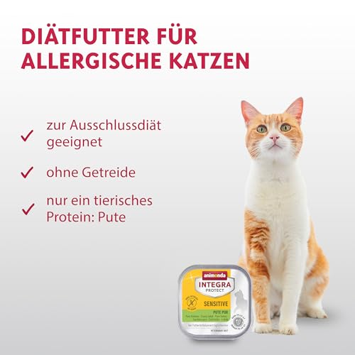 animonda INTEGRA PROTECT Sensitive Pute Pur (16 x 100 g), Katzen Diätfutter bei Futtermittelallergie, sensitives Katzenfutter für allergische Katzen, Katzennassfutter ohne Getreide