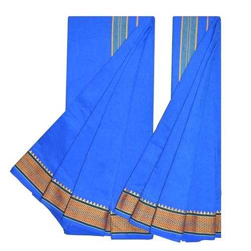 Image of TUNI MANI Men's Panchakacham Dhoti with Angavasthram with Zari Border, Cotton, Size: 9 X 5 (4.0mtr Dhoti, 2.25mtr Towel)
