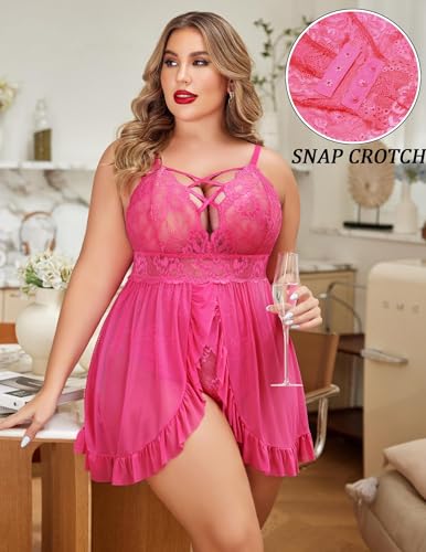 Image of SSoShHub Women's Plus Size Lingerie Beautiful Babydoll Snap Crotch Lace Chemise Ruffles Nightwear Bodysuit with Babydoll