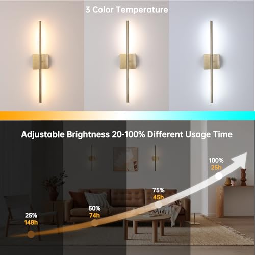 Image of Shenmoyl Battery Operated Wall Sconce Set of 2, 8000mAh Wireless Wall Sconces, 3000K-6000K Dimmable, 350Rotate, Indoor Wall Lights for Bedroom Living Room Bathroom, Gold, 23.6 Inch