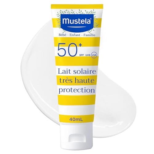 Mustela - Lait Solaire SPF 50 + - Très Haute Tolérance - Protection Solaire - Pour Toute la Famille Dès la Naissance - Avocat Bio Sans Parfum - Résiste à l'Eau - Gamme Soin Bébé et Peaux Sensibles
