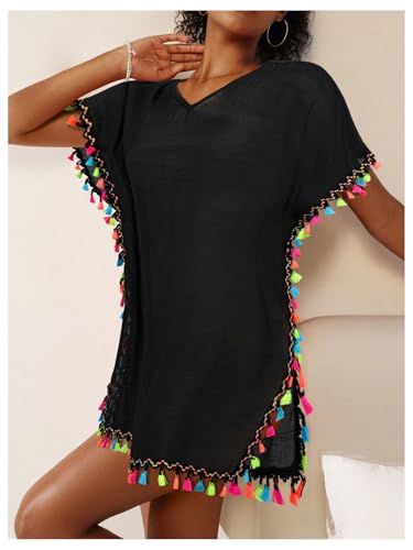 MakeMeChic Women's Swimsuit Cover Up Tassel Short Sleeve Bathing Suit Beach Coverups3