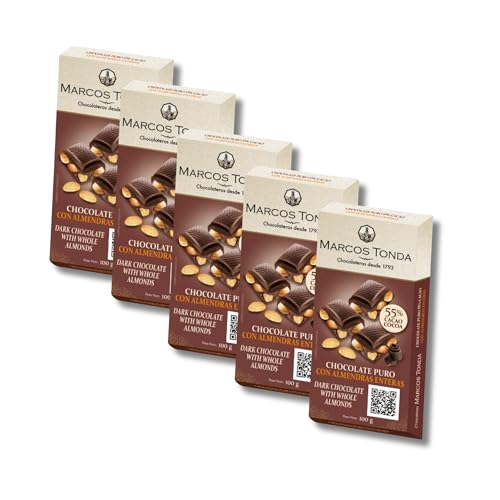 Chocolates Marcos Tonda – Chocolate Puro 55% Gourmet Con Almendras Enteras X5 | Chocolate Con Almendras 100g X5 | Chocolate Gourmet | Desde 1793