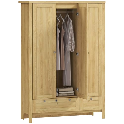 HOMCOM 3 Door Armoire Wardrobe Closet with 2 Drawers, 69" Clothing Storage Cabinet with Lockable Large Drawer, Hanging Rod and Storage Shelves for Bedroom, Wardrobe Cabinet, Natural