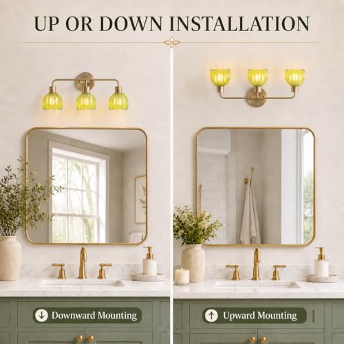Image of 3-Light Gold Brass Bathroom Light Fixture,Wall Sconces,Brushed Gold Vanlity Light Over Mirror,Bathroom Vanity Light with Green Glass Flower Shade,E26 Socket(Bulbs Not Included)