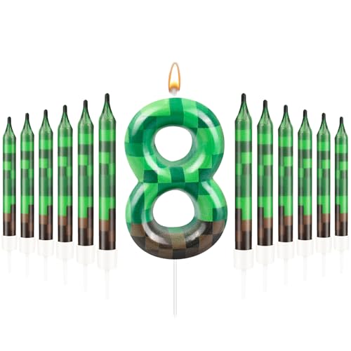 13 Pcs Dynamite Candles 12 TNT Themed Birthday Cake Candles and Number 8 Candle Cake Topper for Pixel Theme Birthday Party Anniversary Party Dynamite Theme Party Video Game Party Supplies (Number 8)