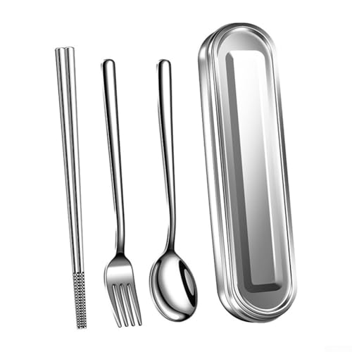 Opatiny Cubertería portátil de acero inoxidable con funda, tenedor, cuchara, palillos para viajes, camping, oficina, apto para lavavajillas