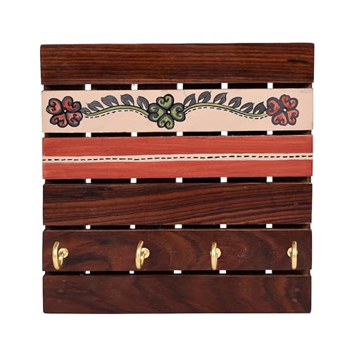 Image of AAKRITI ART CREATIONS Key Holder, Handcrafted Tribal Art Key Hanger | Rustic Wood Wall Organizer with 4 Hooks | New Home Gifts | Multifunctional Entryway Decor Item