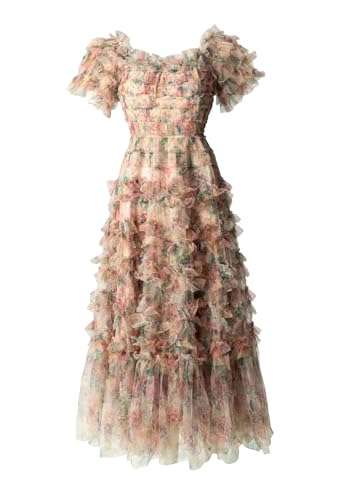 Women's O-Neck Flare Sleeve Print Flounced Edge Dress Princess Style