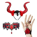 OIXYEY Kit Disfraz Halloween Completo, Diadema Cuernos Diabólicos con Collar Gótico y Pulsera de Flores, Accesorios para Fiestas de Carnaval, Cosplay, Noche de Brujas, Mascaradas y Eventos Temáticos