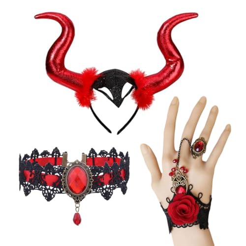 OIXYEY Kit Disfraz Halloween Completo, Diadema Cuernos Diabólicos con Collar