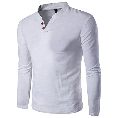 Alamor Mens Lente Casual Linnen V-hals Kraag Lange Mouw T-shirt Mode Effen Kleur Tops-Wit-S