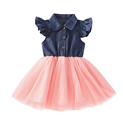Toddler Kids Baby Girls Princess Dress Ruffle Fly Sleeve Button Lapel Denim Top Stitching Tulle Tutu Skirts Clothes Pink 3-4T #TOP30