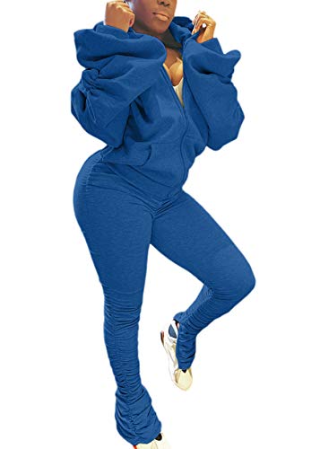 Annystore Womens Sexy Sweatsuit 2 Piece Outfits Hollow Out Zip Up Hoodie Sweatshirt Stacked Pants Legging Set Tracksuit Clubwear Blue XL