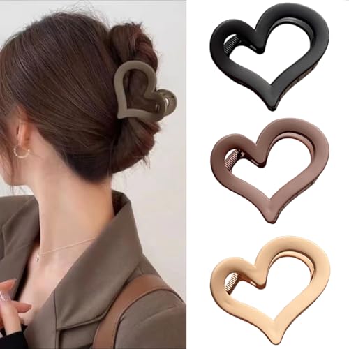 3Pcs Cute Medium Matte Acrylic Hair Claw Clips - Love Heart Jaw Clips for Women, Valentine's Day Party Hair Styling Accessories (Black, Coffee, Brown)