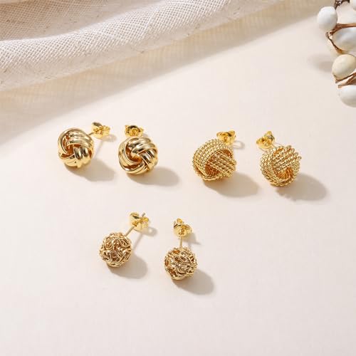 FIBO STEEL 3 Pairs 𝐆𝐨𝐥𝐝 𝐊𝐧𝐨𝐭 𝐄𝐚𝐫𝐫𝐢𝐧𝐠𝐬 for Women Men 14K Gold Plated Woven Ball Stud Earrings Simple 𝐏𝐨𝐬𝐭 𝐄𝐚𝐫𝐫𝐢𝐧𝐠𝐬 𝐟𝐨𝐫 𝐖𝐨𝐦𝐞𝐧2