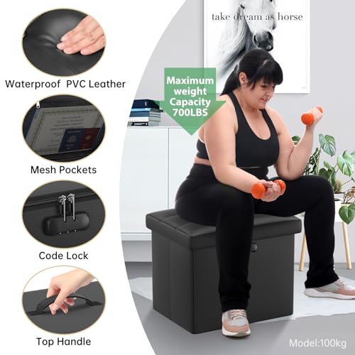 ENGPOW Fireproof & Waterproof Storage Ottoman with Lock - 17-Inch Black Folding Foot Rest Stool for Important Documents