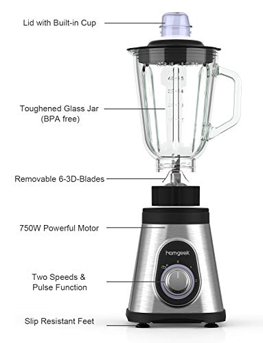 Homgeek Blender 750W, Smoothie Blender for Shakes and Smoothies, Countertop Smoothie Maker with 51 oz BPA-Free Glass Pitcher for Crushing Ice and Frozen Fruit - Thumbnail 2