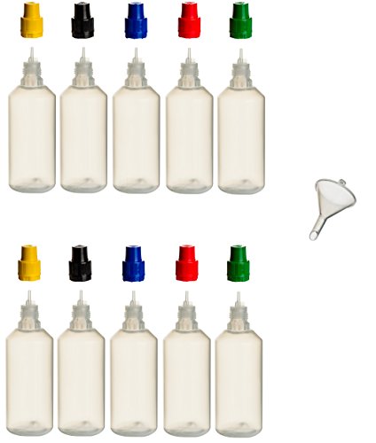 Botellas de polipropileno de 100 ml con tapas de colores y embudo de relleno, 10 unidades