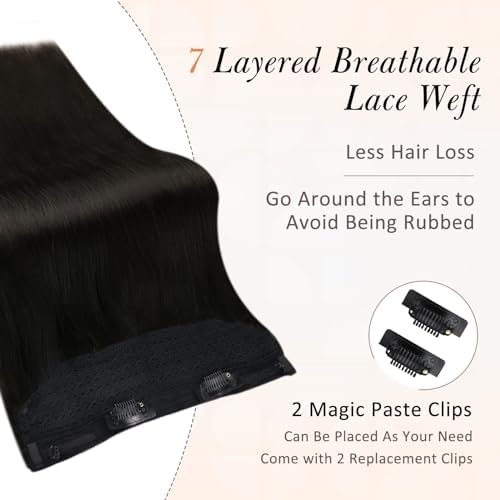 Miniatura 9 de Full Shine - Extensiones de cabello humano real con hilo de nailon transparente e invisible, tamaño ajustable, color negro natural, 16 pulg, 2.82 oz