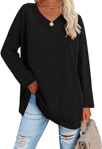 Ebifin Camiseta de manga larga de gran tamaño para mujer, cuello en V, camiseta de manga larga, jersey básico, túnica, Negro , XL