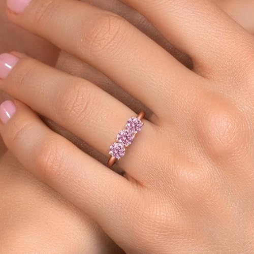 Gem Stone King 18K Rose Gold Plated Silver Pink Lab Grown Diamond 3-Stone Engagement Ring For Women | 1.50 Cttw | Round 5MM | Gemstone April Birthstone | Available in Size 5,6,7,8,94