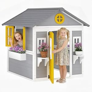 Outsunny Kinderspielhaus aus Holz Outdoor mit Fenster, Tür Gelb
