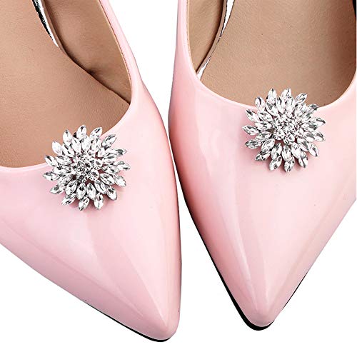 Pinces à chaussure fleur strass argentées, clips bijoux escarpins mariage