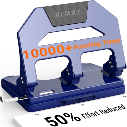 Image of AFMAT 3 Hole Punch Heavy Duty, 40-Sheet Three Hole Puncher for Binder, 50% Reduced Effort Paper Punch, 10K+ Uses, Office Metal Hole Puncher 3 Ring w /Large Tray, Bulit-in S.S. Paper Guide, HPX2(Blue)