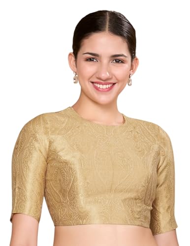 Image of Studio Shringaar Women Brocade Silky Jewel Neck Readymade Elbow Length Sleeve Saree Blouse