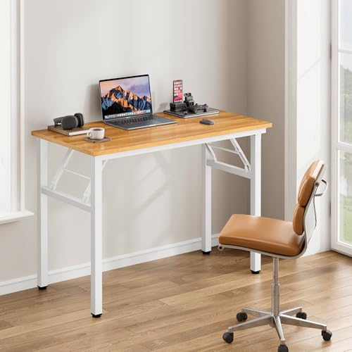 Image of Need Office Computer Desk 35.8 Inch Sturdy Folding Laptop Table Teak | White Frame Writing Gaming Work Table /Foldable Home Office Desk /Sewing Table, No Assembly Required