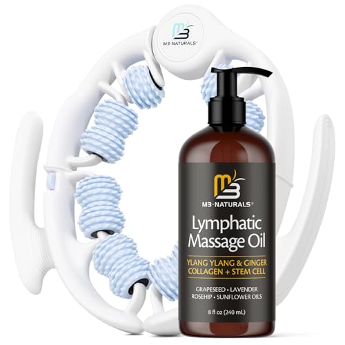 Image of Lymphatic Massage Oil & Roller Kit for Massage Therapy - Ylang Ylang & Ginger Lymphatic Drainage Oil & Massager for Circulation & Detox Support, Non-Greasy Formula & Easy to Use Roller (8 Fl Oz) by M3