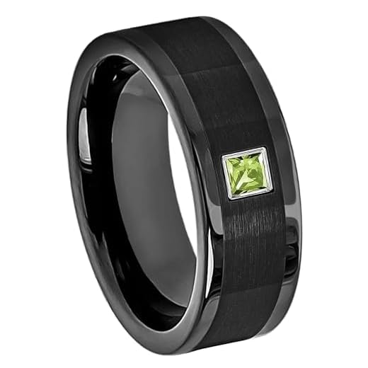 Black Pipe Cut Tungsten Carbide Mens Wedding Band with 0.05ctw - 0.10ctw Princess Cut Peridot Birthstone Tungsten Ring - Brushed Center Comfort Fit Tungsten Anniversary Ring - WG Bezel