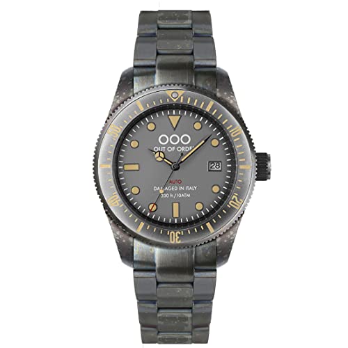 Montre automatique grise en acier Out of Order avec date jaune pour homme