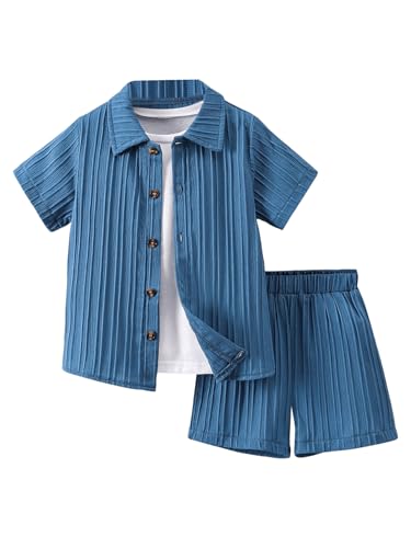 Image of SweatyRocks Boy's 2 Piece Summer Vacation Outfits Short Sleeve Collar Button Down Shirt and Shorts Clothing Set