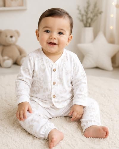 Image of Bold N Elegant Cotton Baby Winter Fleece Full Sleeve Front Button Colorful Cartoon Printed Sweatshirt and Pajama Lower Clothing Set for Newborn Infant Toddler Baby Boy Girl