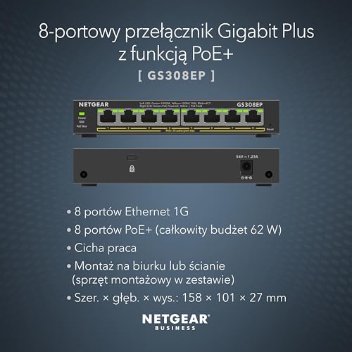 Netgear przełącznik GS308EP 8-portowy Gigabit Ethernet LAN PoE Switch Plus, przełącznik sieciowy 8x PoE+ 62 W, zarządzany z IGMP Snooping, QoS, VLAN, Plug-and-Play, metalowa obudowa bez wentylatora